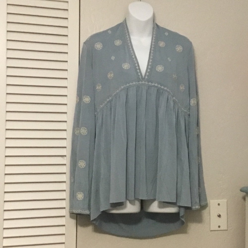 Miss Me Light Blue Embroidered V-Neck Peasant Tunic